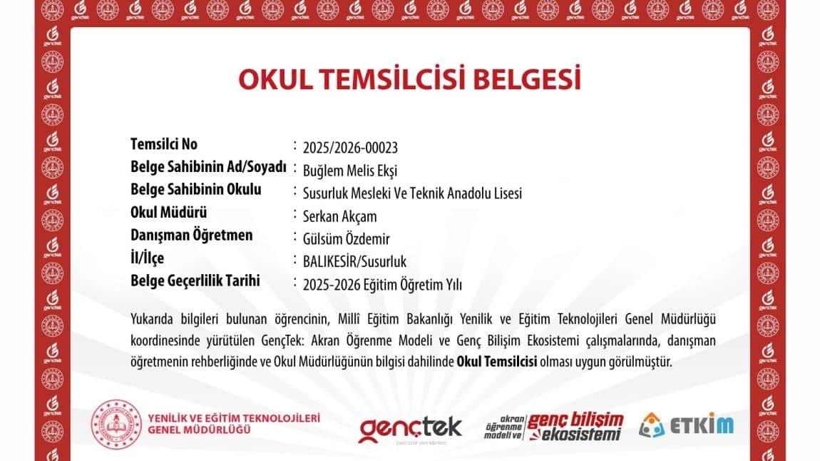 Susurluk MTAL'den Geleceğin Bilişim Liderlerine Önemli Katkı: GençTek Temsilcimiz Belirlendi.